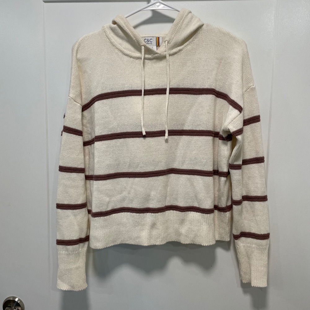 C&C California Womens Striped Linen Cotton Knit Hoodie Sweater Cream Medium